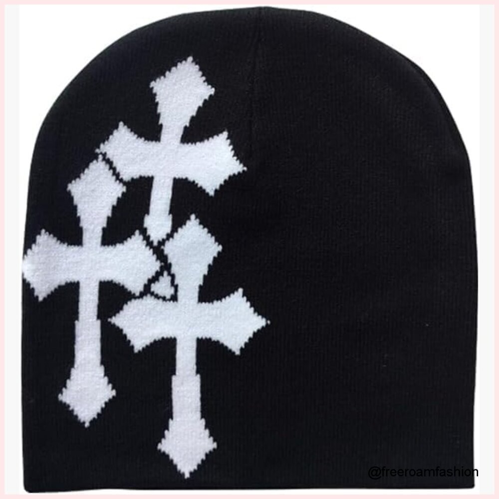 Cross Knitted Beanie Y2K Winter Hat Unisex Cold Weather Accessory
